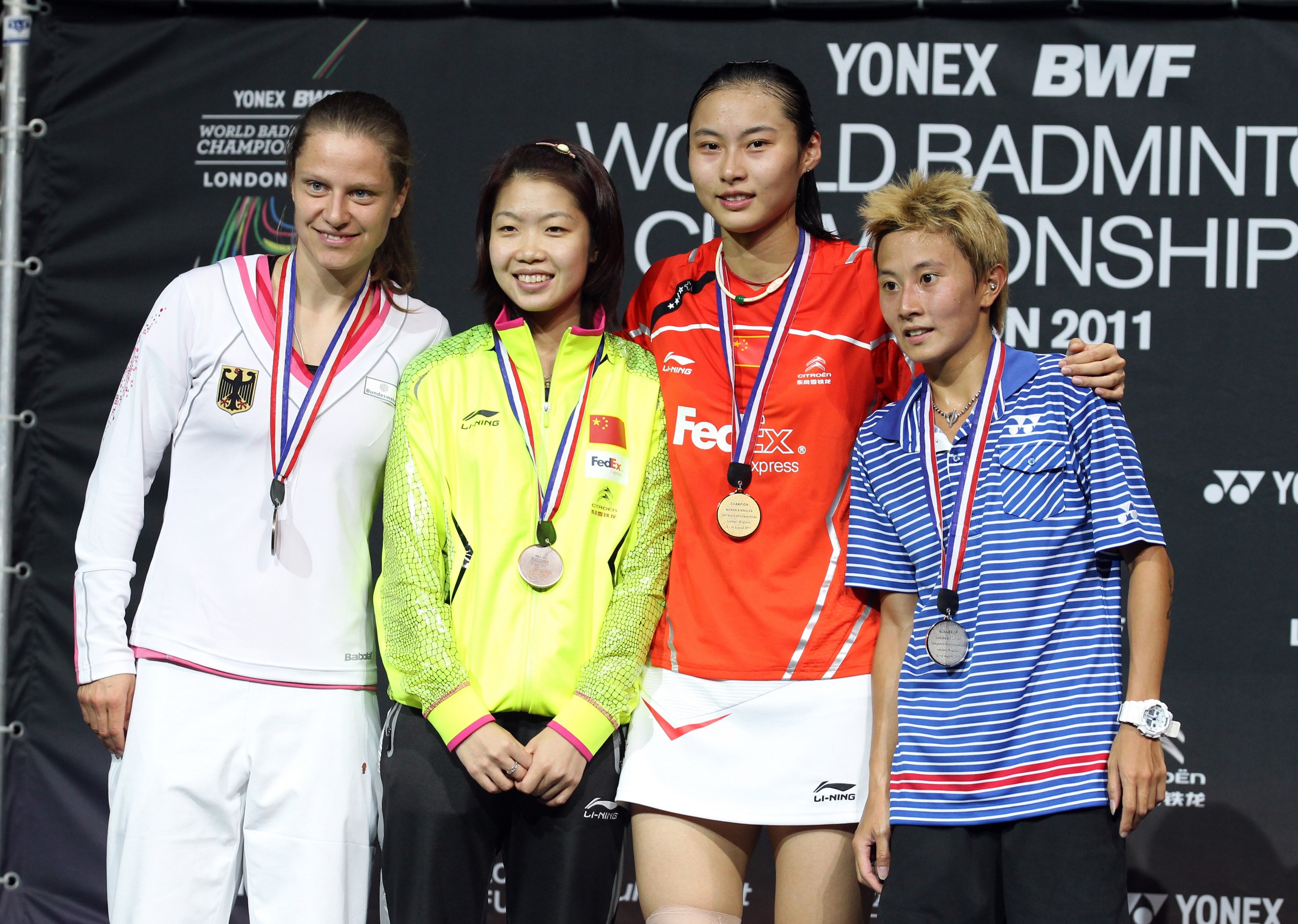Wang Yihan (second right) shares the Women’s Singles podium at the BWF World Championships 2011 (London) | Sumber: BWF News