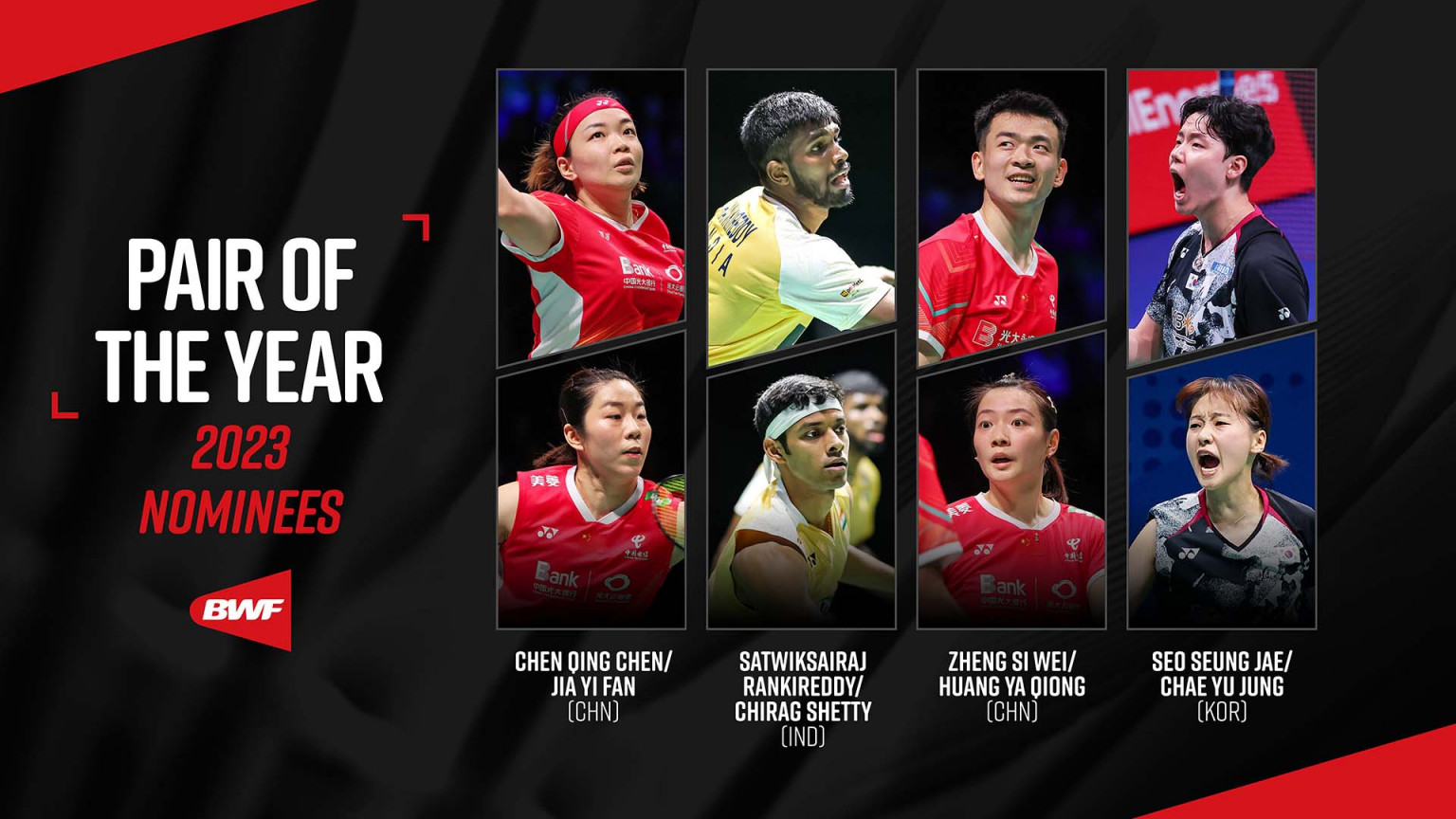 Nominasi pasangan terbaik BWF 2023 ada empat yakni Chen Wing Cheng/Jia Yi Fan, lalu Satwikrairaj Rankireddy/Chirag Shetty, Zheng Si Wei/Huang Ya Qiong dan Seo Seung Jae/Chae Yu Jung.